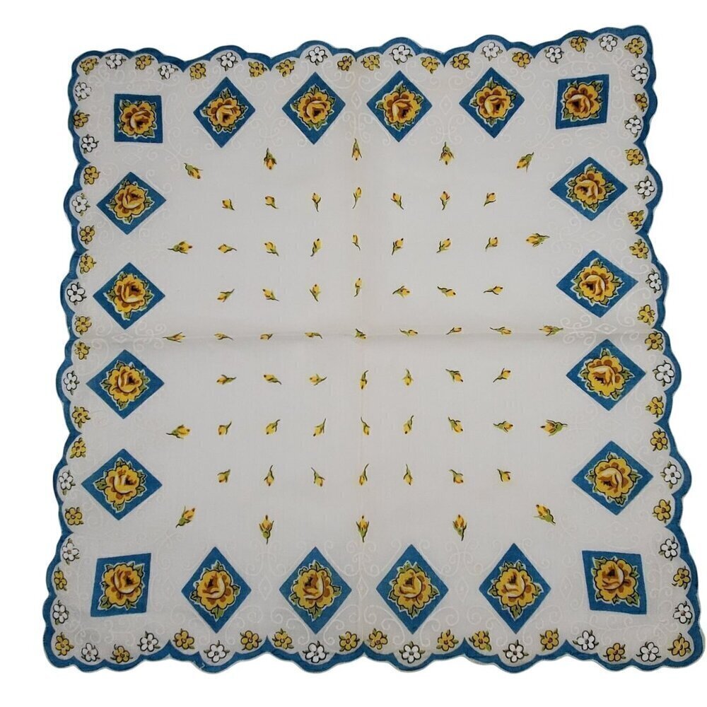 VTG Floral Yellow Rose Handkerchief Hand Rolled Scalloped Edge Womans Hankie